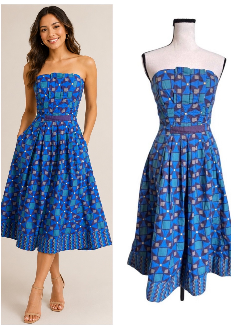 Plenty by Tracy Reese Strapless Blue Pattern Cotton Dress – Size 6 ✨